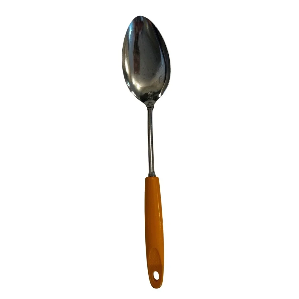 Vintage Retro EKCO Serving Spoon Solid Chromium Plated Yellow Plastic Handle USA